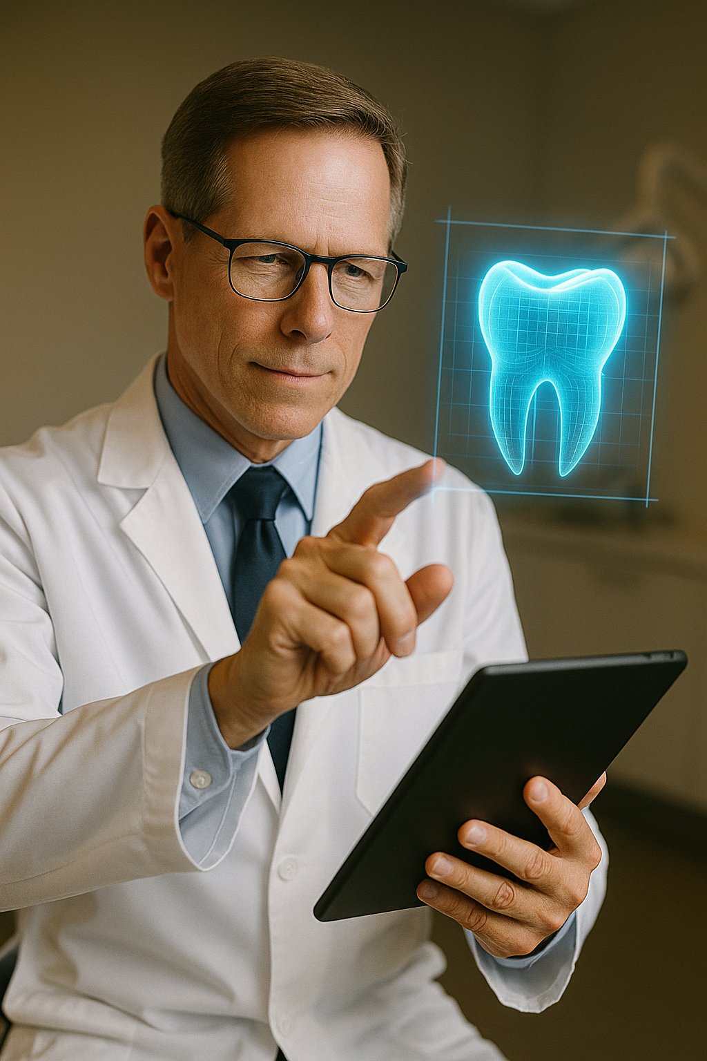 Dentista profesional usando TotalDentAI con tecnología holográfica avanzada